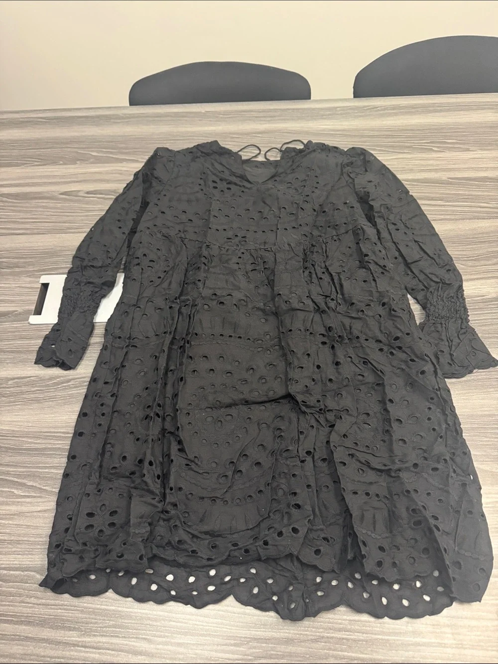 Black Eyelet Midi Dress with Long Sleeves - Women’s Midi Dress